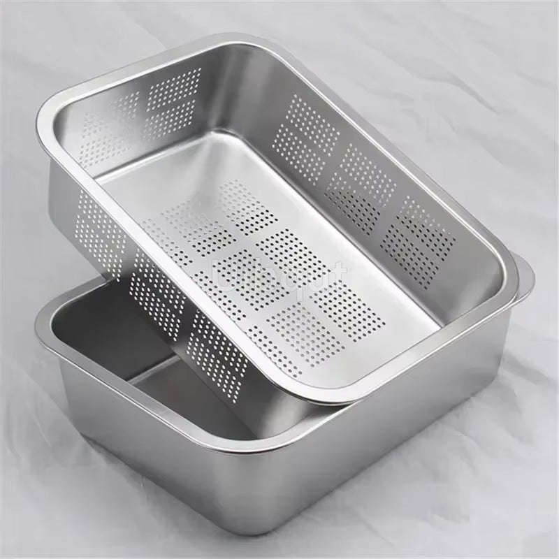 304 Tray Stainless Steel Storage Trays Leak Plate Hole Mesh Strainer Colander Wash Vegetable Basin Drying Water Filter Basin Lid