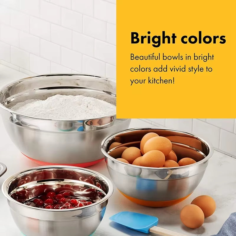 7 Colors Stainless Steel Mixing Bowl with Lid Home Kitchen Egg Mixer Salad Bowls Non-Slip Silicone Bottom Food Storage Bowl Set