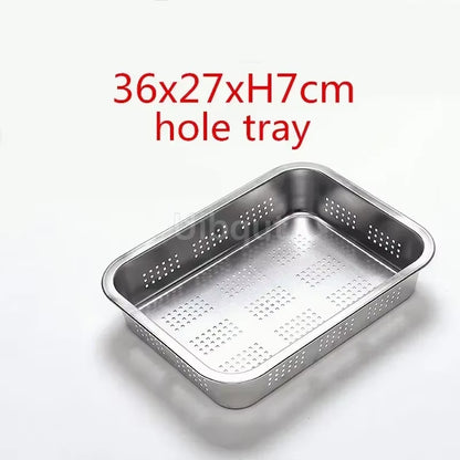 304 Tray Stainless Steel Storage Trays Leak Plate Hole Mesh Strainer Colander Wash Vegetable Basin Drying Water Filter Basin Lid