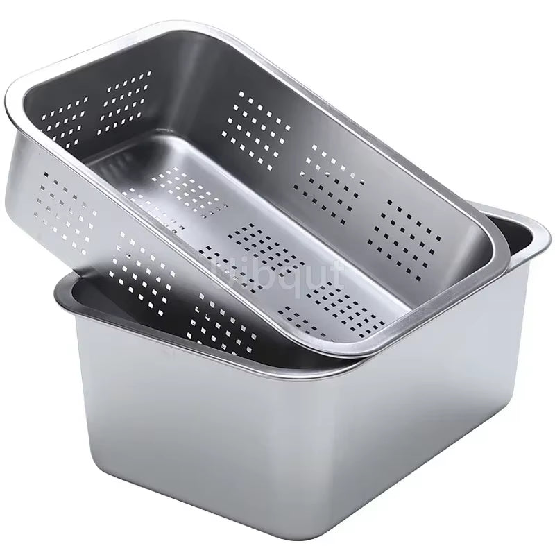 304 Tray Stainless Steel Storage Trays Leak Plate Hole Mesh Strainer Colander Wash Vegetable Basin Drying Water Filter Basin Lid