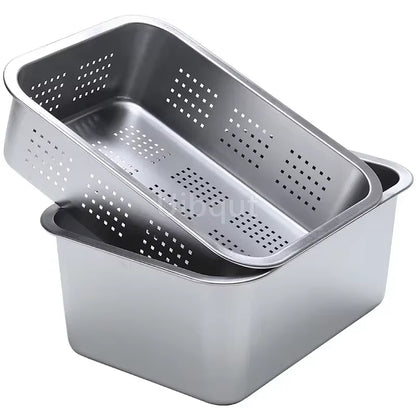 304 Tray Stainless Steel Storage Trays Leak Plate Hole Mesh Strainer Colander Wash Vegetable Basin Drying Water Filter Basin Lid