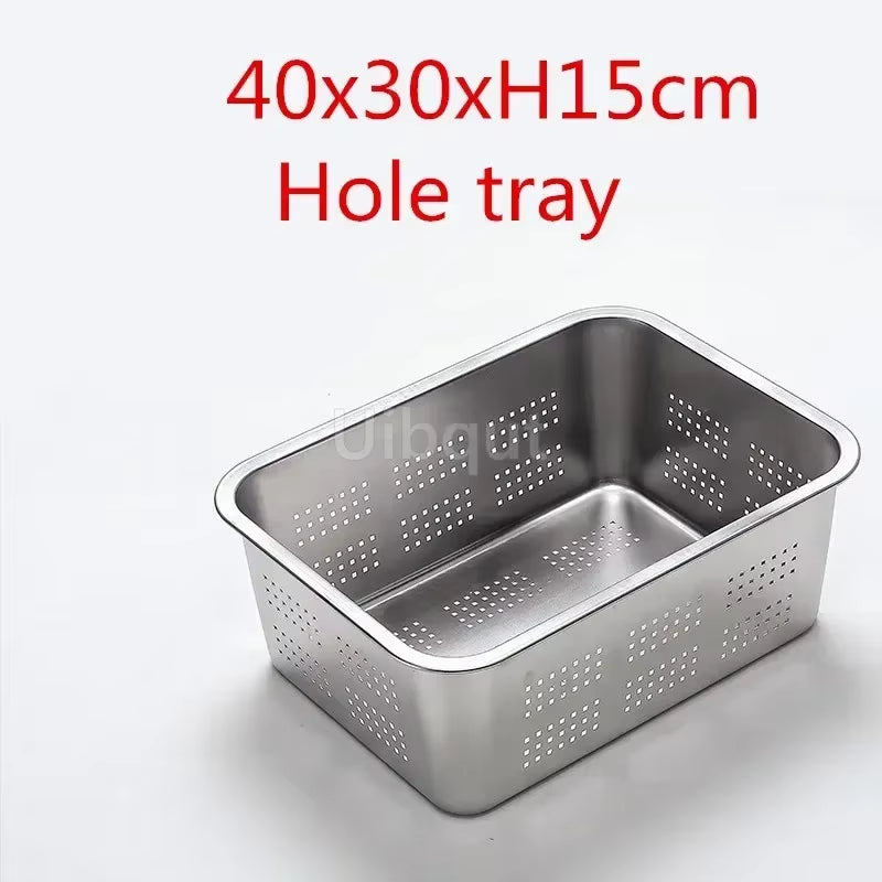 304 Tray Stainless Steel Storage Trays Leak Plate Hole Mesh Strainer Colander Wash Vegetable Basin Drying Water Filter Basin Lid