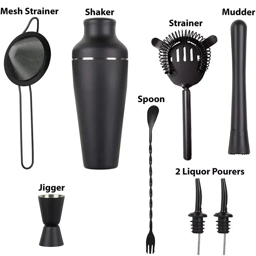 8Pcs Matte Black Cocktail Shaker Set Wine Martini Drink Mixer Barware Tools Bartending Equipment Bartender Kit for Home Bar