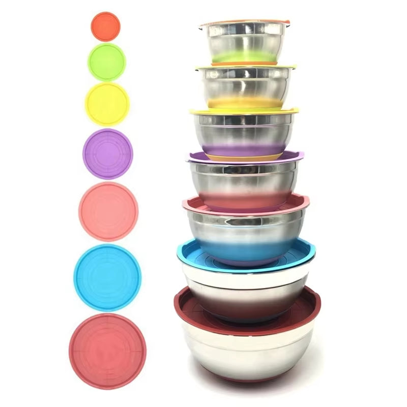 7 Colors Stainless Steel Mixing Bowl with Lid Home Kitchen Egg Mixer Salad Bowls Non-Slip Silicone Bottom Food Storage Bowl Set