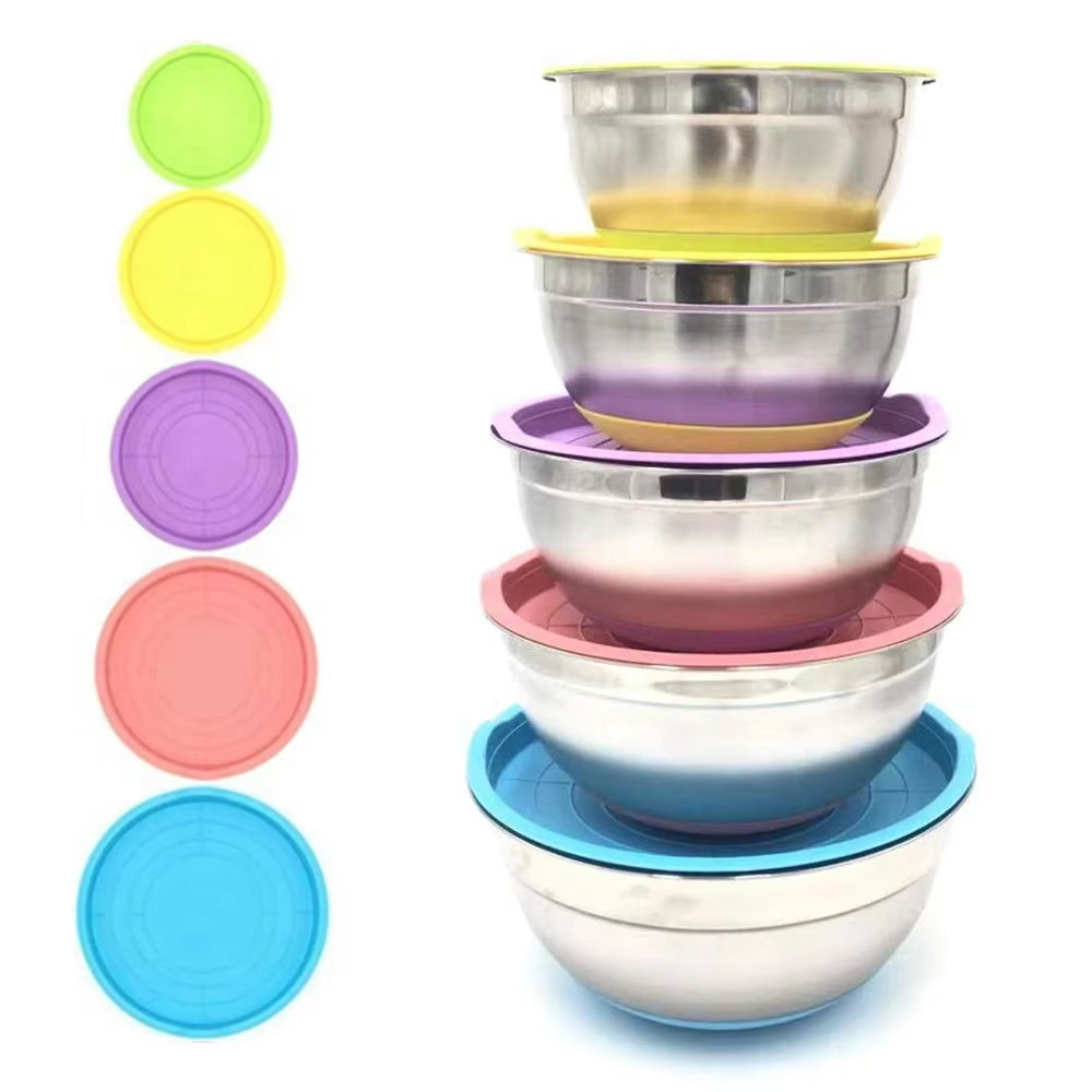 7 Colors Stainless Steel Mixing Bowl with Lid Home Kitchen Egg Mixer Salad Bowls Non-Slip Silicone Bottom Food Storage Bowl Set