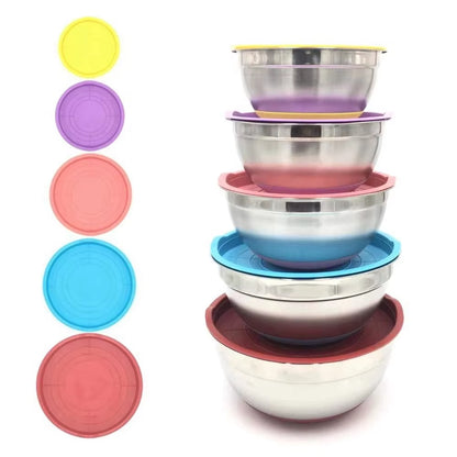 7 Colors Stainless Steel Mixing Bowl with Lid Home Kitchen Egg Mixer Salad Bowls Non-Slip Silicone Bottom Food Storage Bowl Set