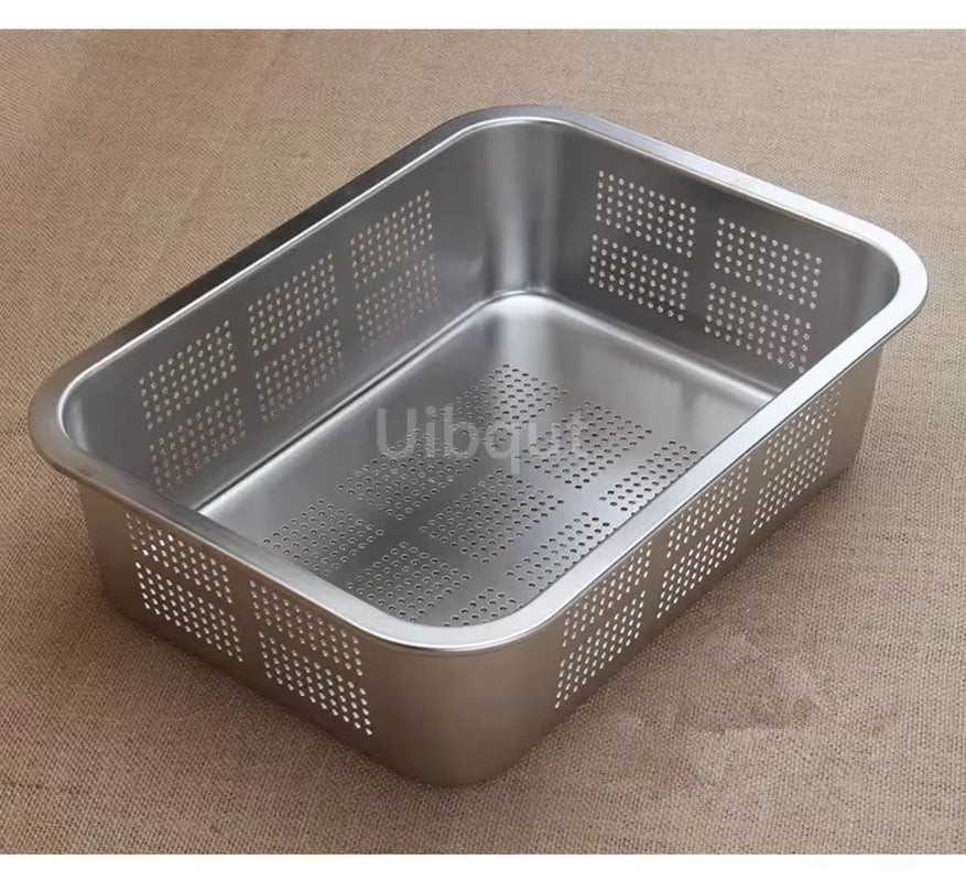 304 Tray Stainless Steel Storage Trays Leak Plate Hole Mesh Strainer Colander Wash Vegetable Basin Drying Water Filter Basin Lid