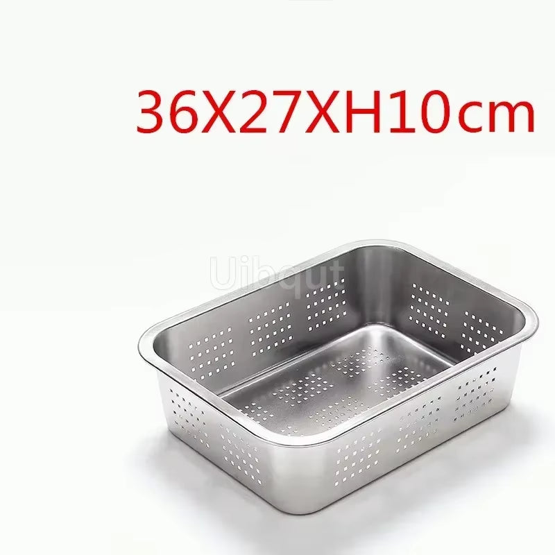 304 Tray Stainless Steel Storage Trays Leak Plate Hole Mesh Strainer Colander Wash Vegetable Basin Drying Water Filter Basin Lid
