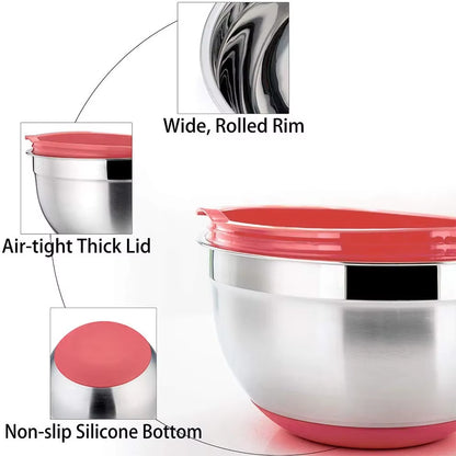 7 Colors Stainless Steel Mixing Bowl with Lid Home Kitchen Egg Mixer Salad Bowls Non-Slip Silicone Bottom Food Storage Bowl Set