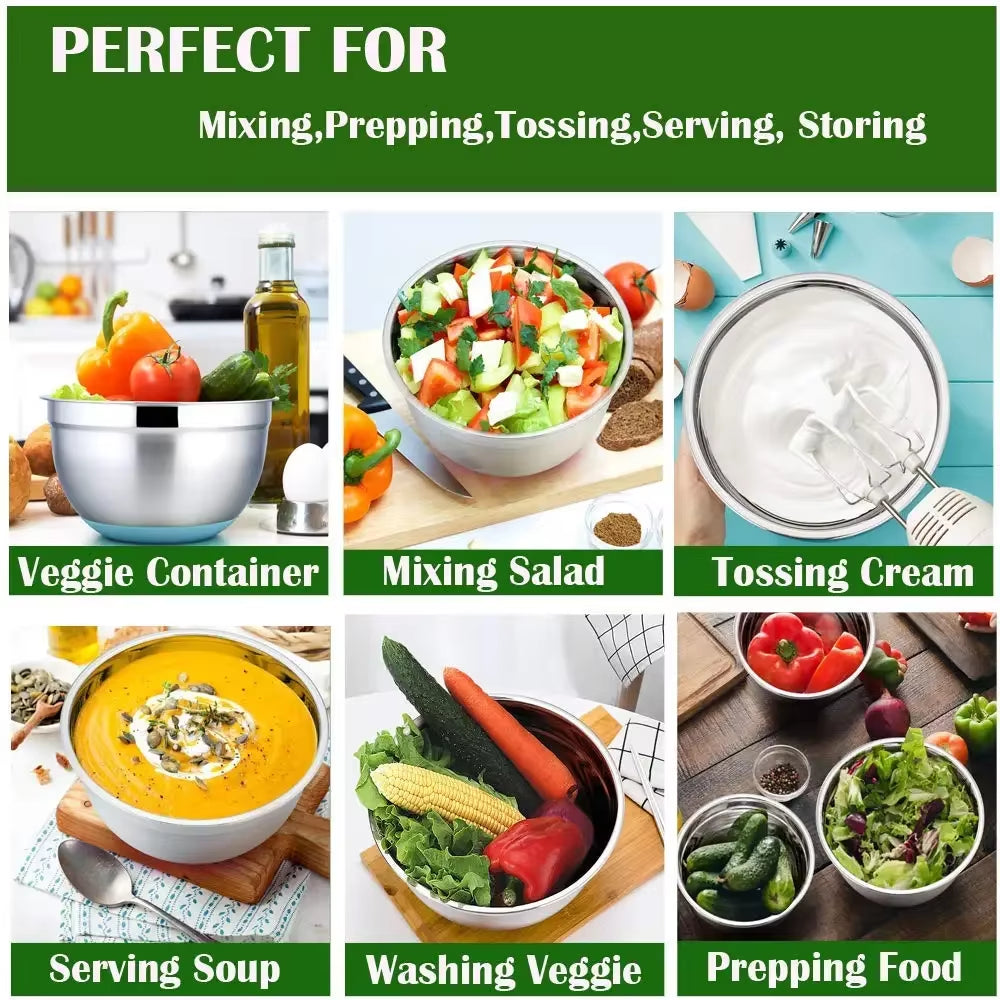7 Colors Stainless Steel Mixing Bowl with Lid Home Kitchen Egg Mixer Salad Bowls Non-Slip Silicone Bottom Food Storage Bowl Set