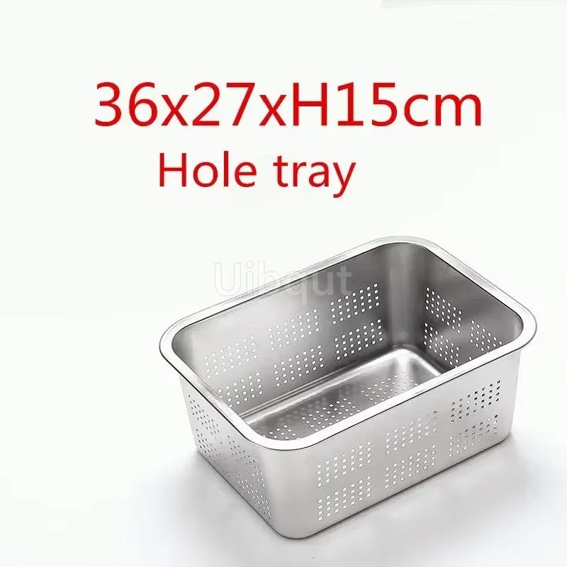304 Tray Stainless Steel Storage Trays Leak Plate Hole Mesh Strainer Colander Wash Vegetable Basin Drying Water Filter Basin Lid
