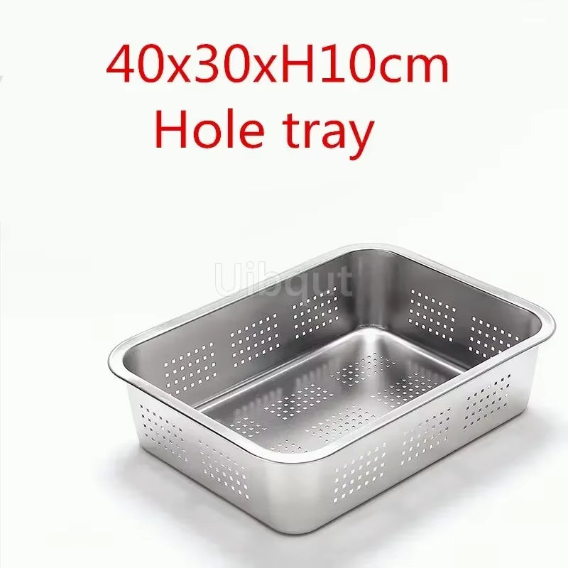 304 Tray Stainless Steel Storage Trays Leak Plate Hole Mesh Strainer Colander Wash Vegetable Basin Drying Water Filter Basin Lid