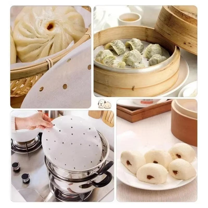 50 Pcs Steaming Basket Mat Air Fryer Steamer Liners Premium Perforated Wood Pulp Papers Non-Stick Baking Cooking Accessories